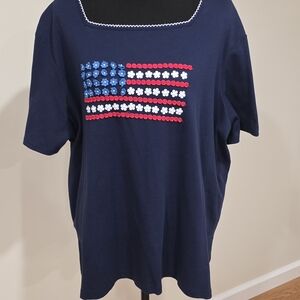 Alfred Dunner Navy Blue Short Sleeve Tee with Flag Design